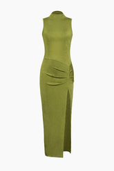 High Neck Sleeveless Slit Midi Dress